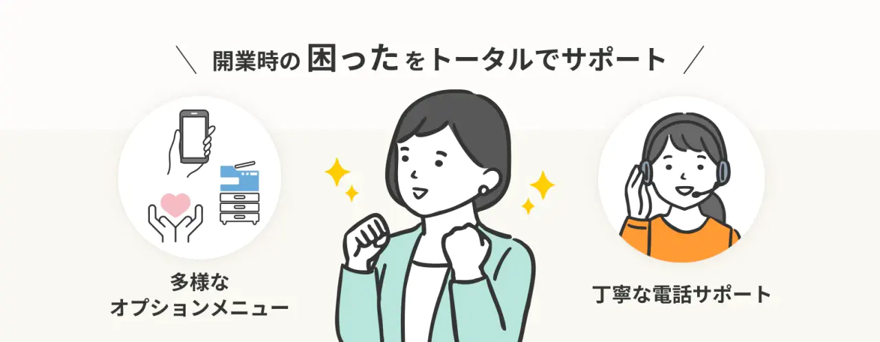 多様なオプションメニューと丁寧な電話サポートで、開業時の「困った」をトータルサポートするイメージ画像