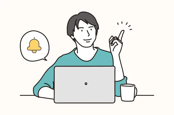 パソコンの前でアラートに反応している男性のイラスト