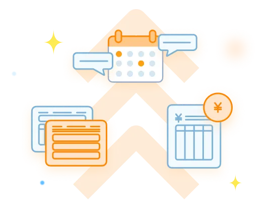 アセスメントやカレンダー、請求書が並んでいる。背景には上昇している矢印がある。