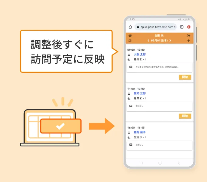 調整後すぐに訪問予定に反映