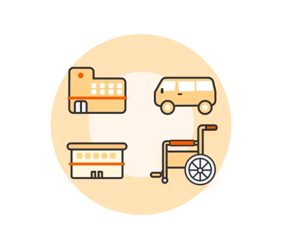 病院やバス、車椅子のイラスト