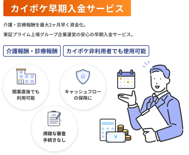 カイポケ早期入金サービス　介護・診療報酬を最大2ヶ月早く資金化。東証プライム上場グループ企業運営の安心の早期入金サービス。