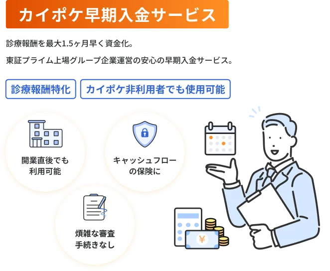 カイポケ早期入金サービス 介護・診療報酬を最大2ヶ月早く資金化。東証プライム上場グループ企業運営の安心の早期入金サービス。