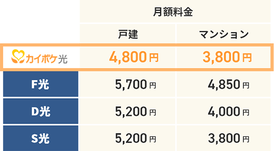 カイポケ光なら業界最安値水準！ 表組1