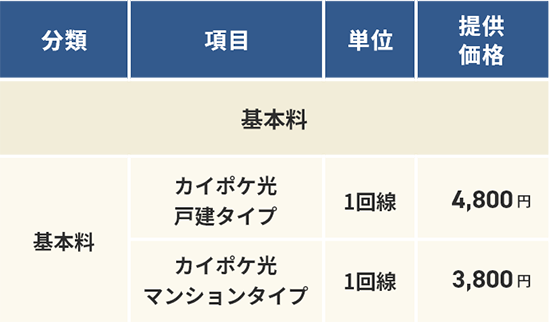 基本料金・オプション料金・工事費 表組1