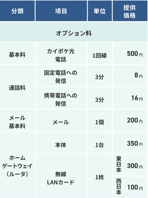 基本料金・オプション料金・工事費 表組2